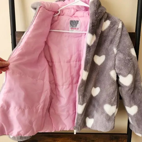 Kenzie Teen Girl's Grey Heart Print Faux Fur Hooded Bomber Jacket Kid Size 14/16